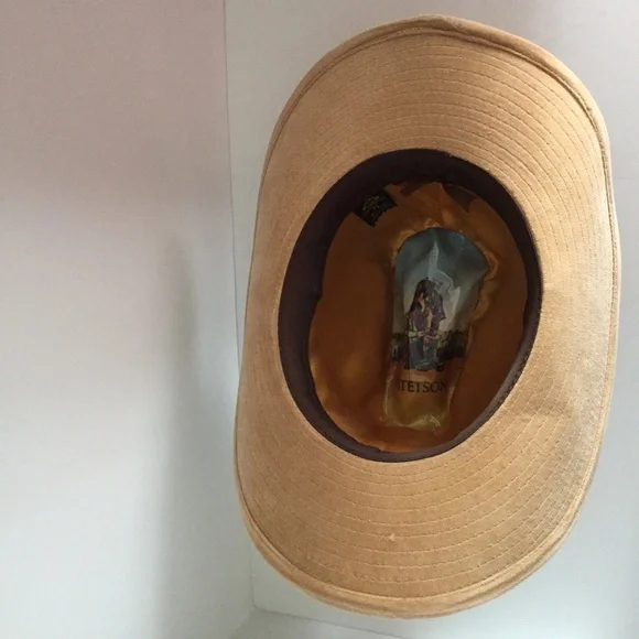 Vintage Womens Stetson Cowboy Western Hat Corduroy Cotton Feather Beige 6-3/4 - Picture 10 of 12